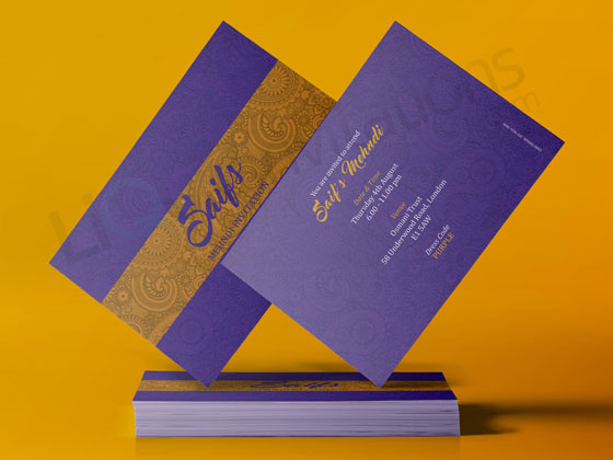 Purple and gold Pakistani and Indian Invitation Wedding Cards for Mendhi and Walima. Double card.